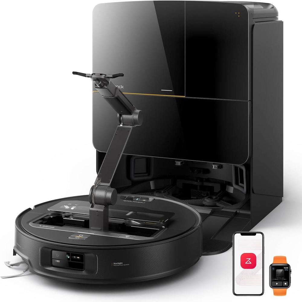 image:imageroborock Saros Z70 Robot Vacuum and Mop OmniGrip Arm AIPowered 22000Pa Suction 314 Ultra Slim FlexiArm Riser Technology AdaptiLift Chassis Obstacle Avoidance Auto Mop Washing amp DryingSaros Z70 Black