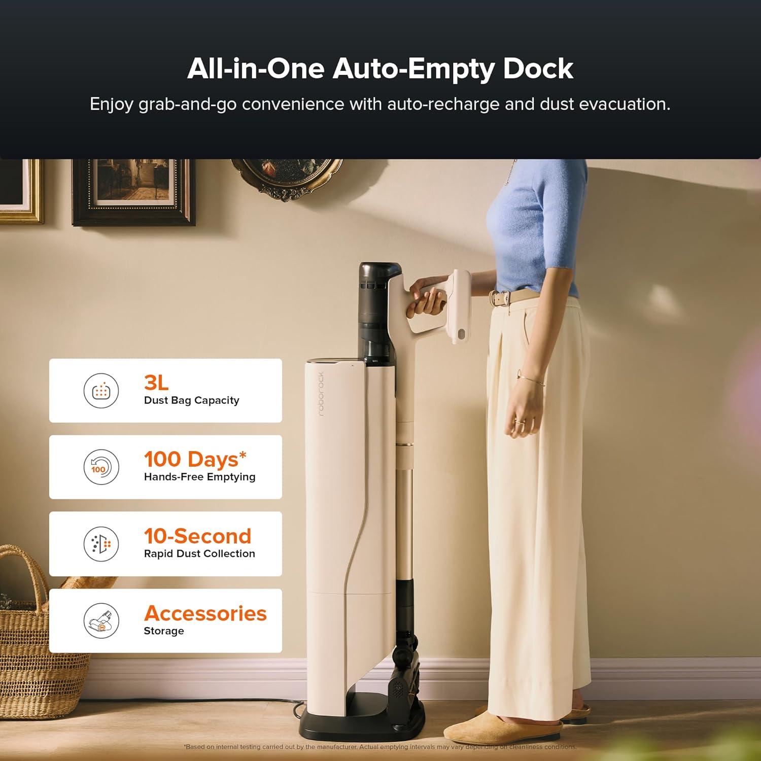 image:imageroborock H60 Hub Ultra Cordless Vacuum Cleaner with AutoEmpty Dock 210AW Suction Stick Vacuum Cleaners for Home and Pet Hair Rechargeable 90Min Runtime AntiTangle Brush 140 LED Dust DetectionH60 Hub Pro