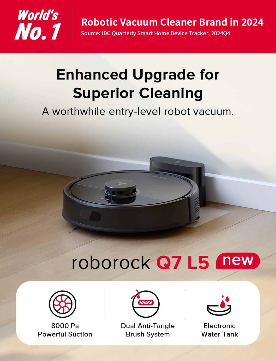 image:imageroborock Q7 L5 Robot Vacuum and Mop Combo 8000Pa Suction Upgraded from Q5 Pro Dual AntiTangle System LiDAR Navigation MultiLevel Mapping SelfCharging Robotic Vacuum Cleaner BlackQ7 L5 Black