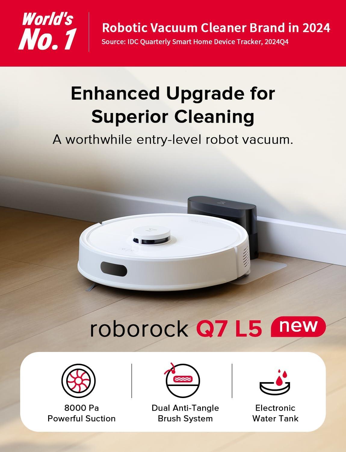 image:imageroborock Q7 L5 Robot Vacuum and Mop Combo 8000Pa Suction Upgraded from Q5 Pro Dual AntiTangle System LiDAR Navigation MultiLevel Mapping SelfCharging Robotic Vacuum Cleaner BlackQ7 L5 White