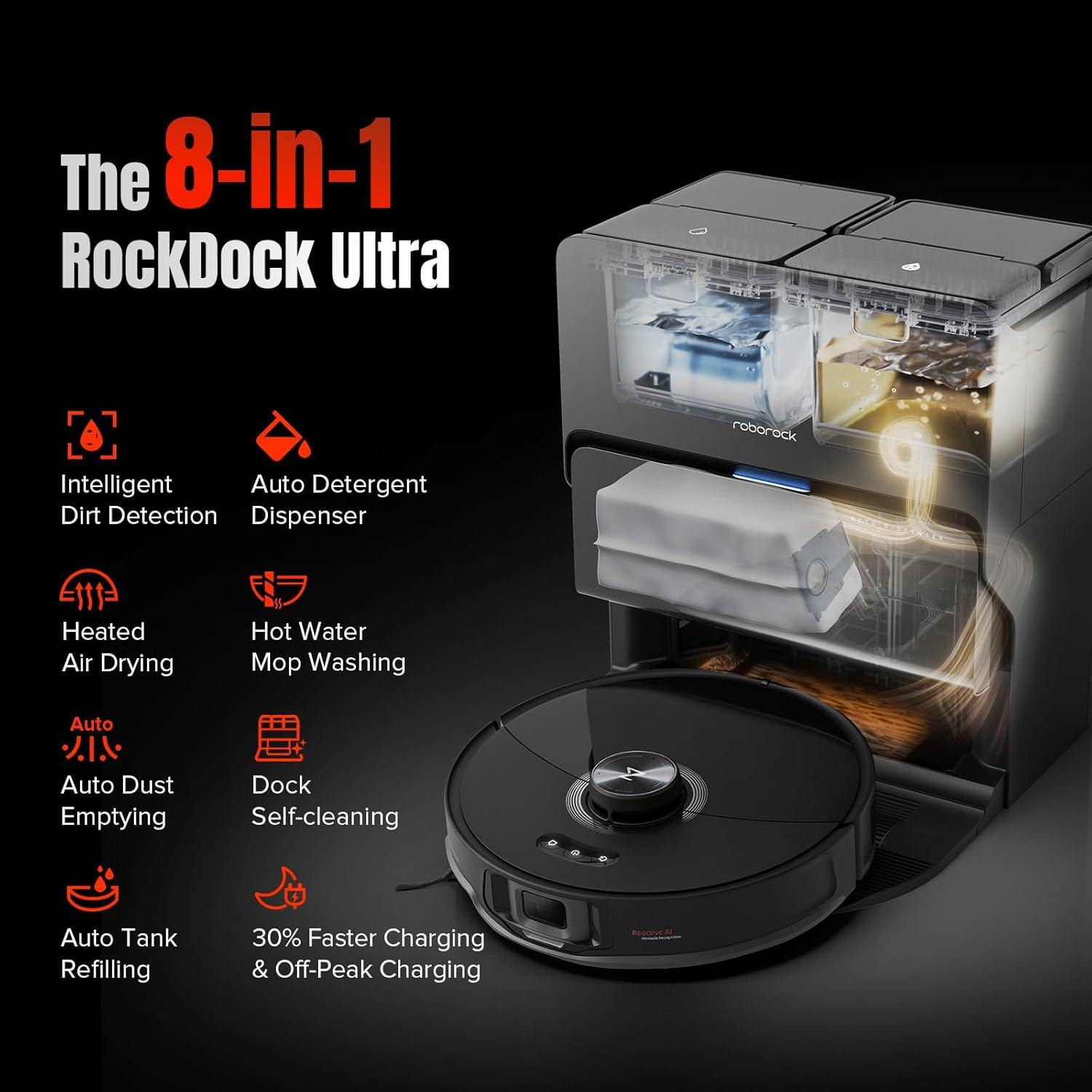image:imageroborock S8 Max Ultra with Auto Water Refilling and Drainage System Robot Vacuum and Mop FlexiArm Design Smart Dirt Detection SelfEmptying 8000Pa Suction for Various Floors Pet Hair WhiteS8 MaxV Ultra Black