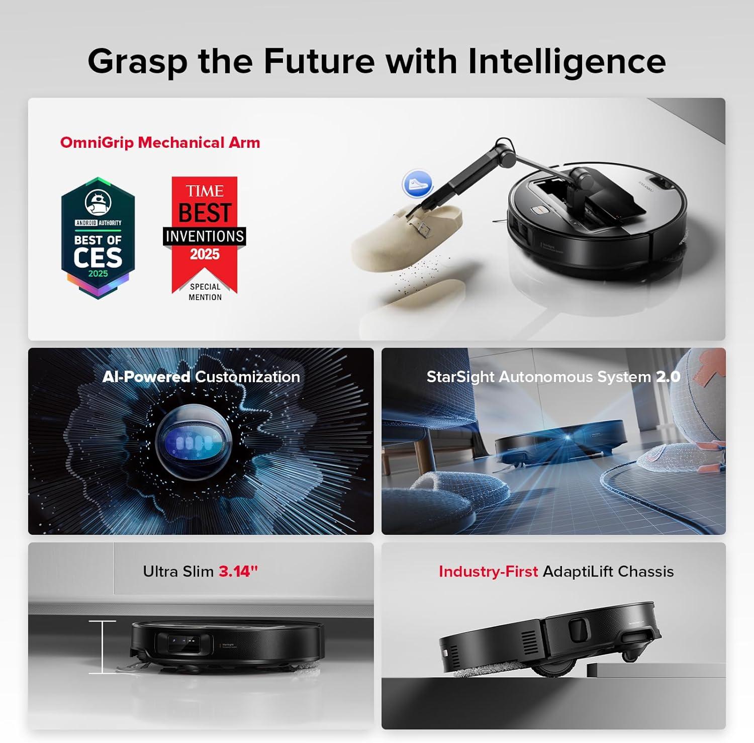 image:imageroborock Saros Z70 Robot Vacuum and Mop OmniGrip Arm AIPowered 22000Pa Suction 314 Ultra Slim FlexiArm Riser Technology AdaptiLift Chassis Obstacle Avoidance Auto Mop Washing amp DryingSaros Z70 Silver