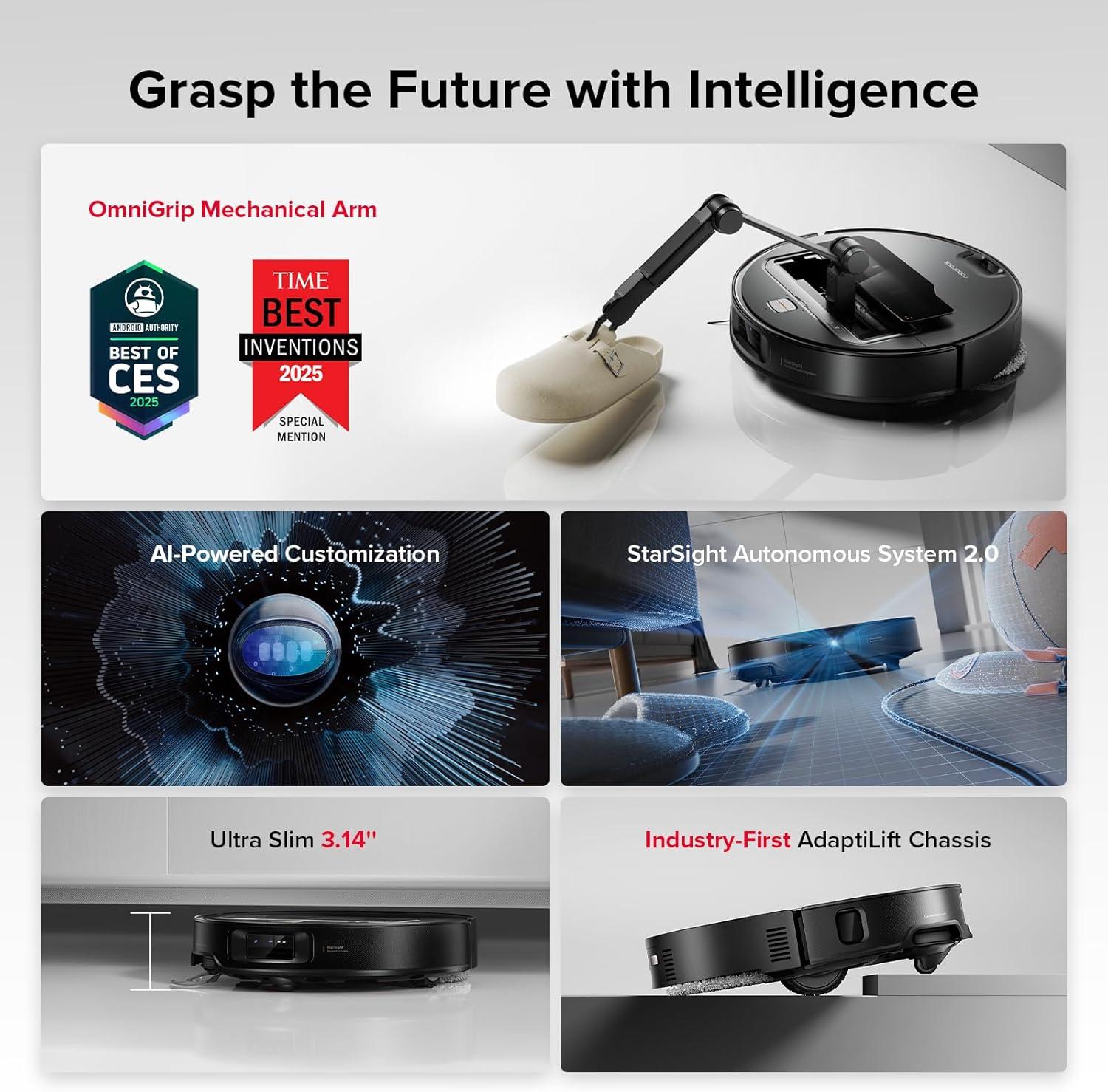 image:imageroborock Saros Z70 Robot Vacuum and Mop OmniGrip Arm AIPowered 22000Pa Suction 314 Ultra Slim FlexiArm Riser Technology AdaptiLift Chassis Obstacle Avoidance Auto Mop Washing amp DryingSaros Z70 Black