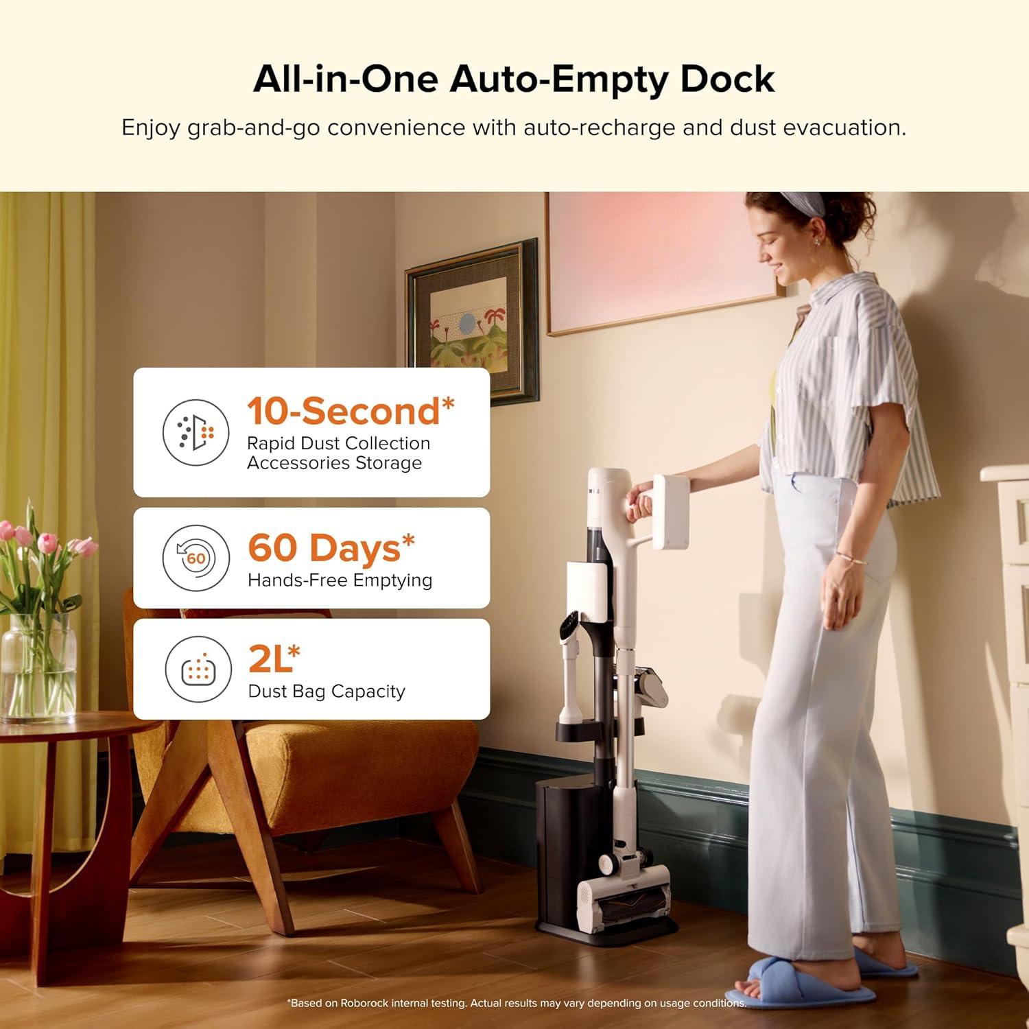 image:imageroborock H60 Hub Cordless Stick Vacuum Cleaner with AutoEmpty Dock 115AW Suction for Carpets and Hard Floors Vacuum Cleaners with 60Min Runtime AntiTangle Brush 140 Green LED Dust DetectionH60 Hub