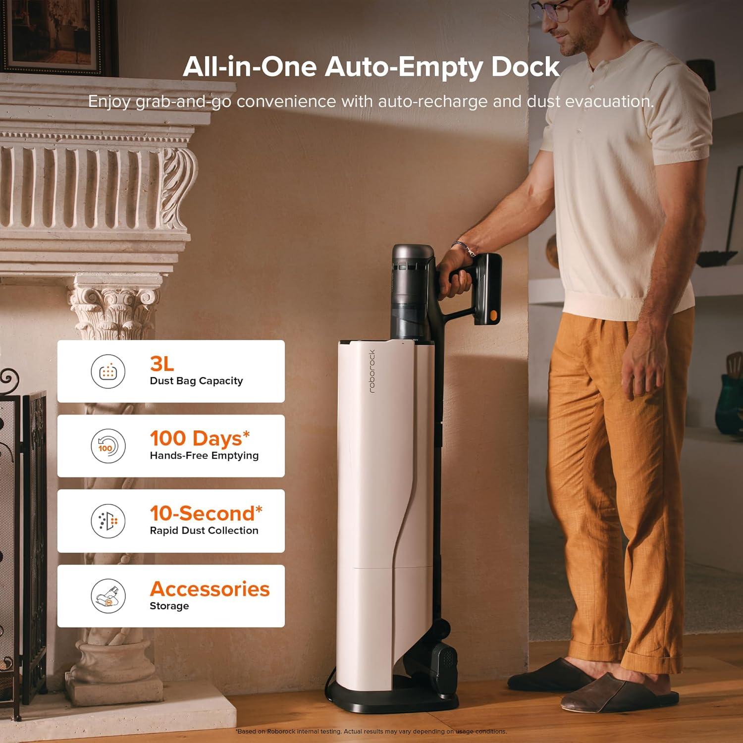 image:imageroborock H60 Hub Cordless Stick Vacuum Cleaner with AutoEmpty Dock 115AW Suction for Carpets and Hard Floors Vacuum Cleaners with 60Min Runtime AntiTangle Brush 140 Green LED Dust DetectionH60 Hub Ultra Upgraded