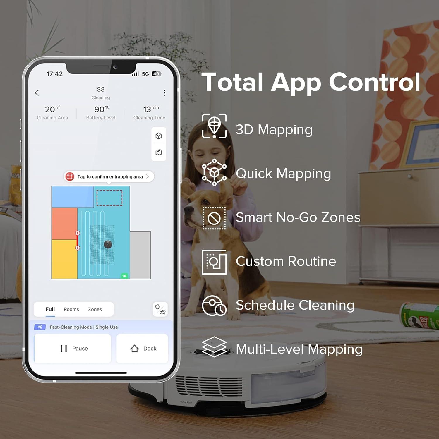image:imageroborock S8 Robot Vacuum and Mop Cleaner DuoRoller Brush 6000Pa Suction ReactiveAI 20 Obstacle Avoidance Sonic Mopping Auto Lifting Mop Works with Alexa Perfect for Pet Hair White Renewed